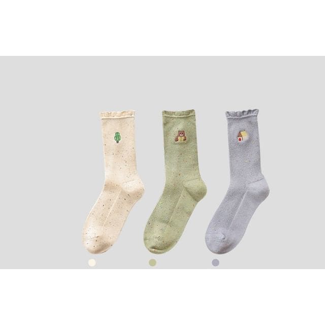 Cartoon Embroidered Socks / Set - 3 Pairs - Blue & Green &