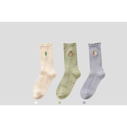 Cartoon Embroidered Socks / Set - 3 Pairs - Blue & Green &