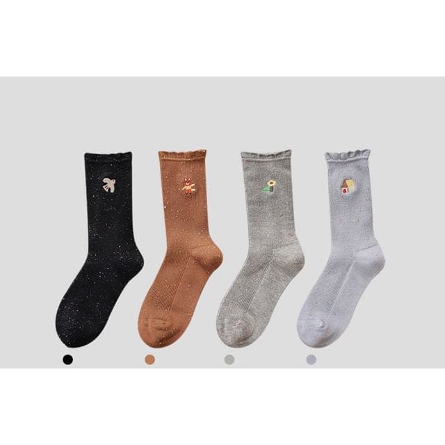 Cartoon Embroidered Socks / Set - 4 Pairs - Black & Coffee