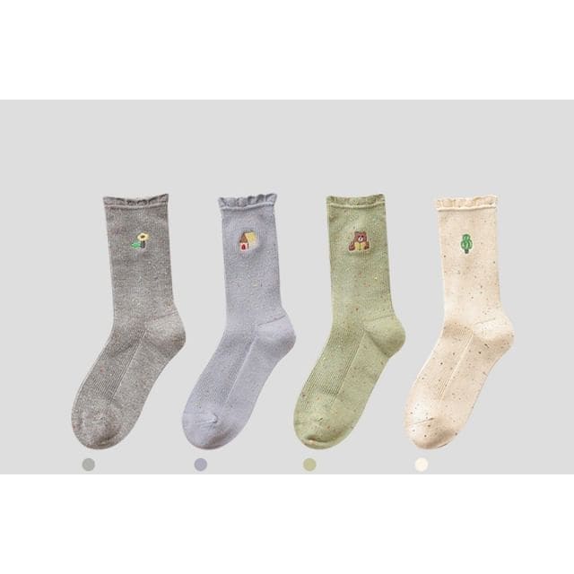 Cartoon Embroidered Socks / Set - 4 Pairs - Light Gray &