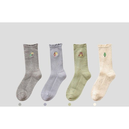 Cartoon Embroidered Socks / Set - 4 Pairs - Light Gray &