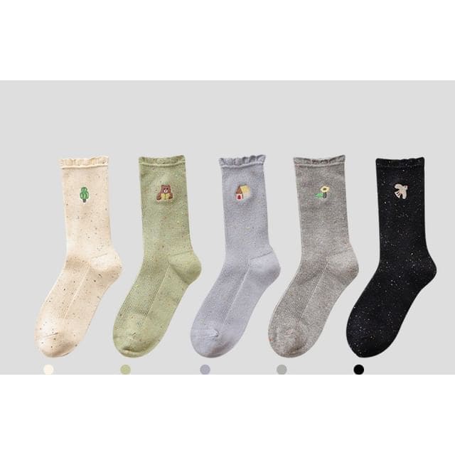 Cartoon Embroidered Socks / Set - 5 Pairs - Beige & Green &