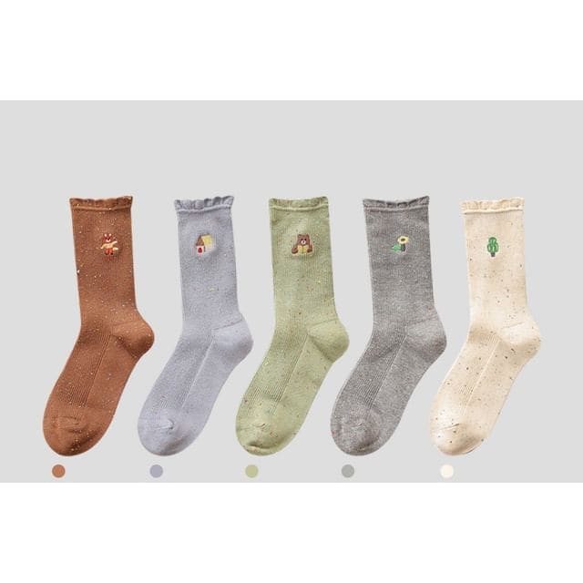 Cartoon Embroidered Socks / Set - 5 Pairs - Coffee & Blue &