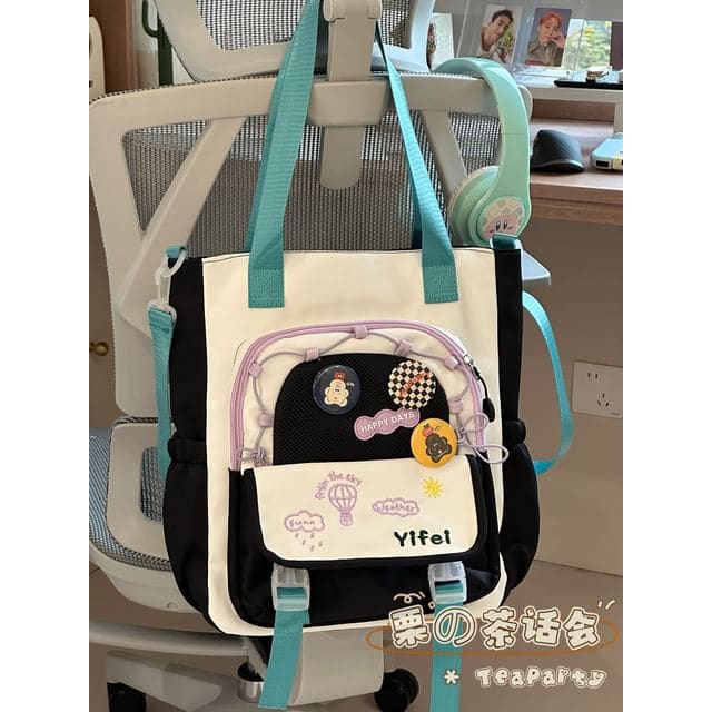 Cartoon Embroidered Tote Bag / Zip Backpack - Black