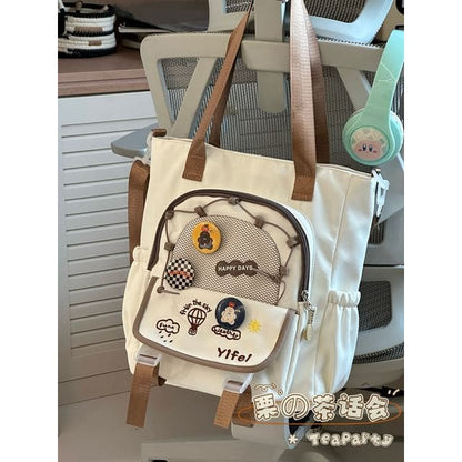 Cartoon Embroidered Tote Bag / Zip Backpack - Off-White