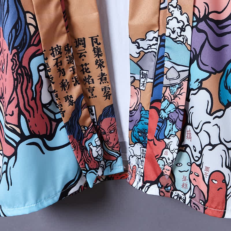 Cartoon Fire Print Casual Vintage Kimono Outerwear