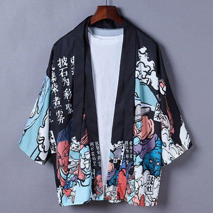 Cartoon Fire Print Casual Vintage Kimono Outerwear