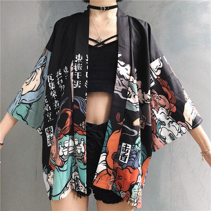 Cartoon Fire Print Casual Vintage Kimono Outerwear