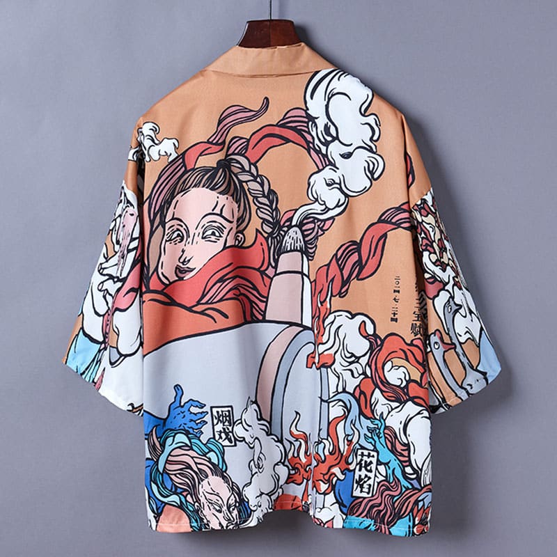 Cartoon Fire Print Casual Vintage Kimono Outerwear - Brown