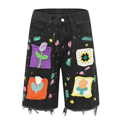 Cartoon Flower Denim Shorts - Shorts