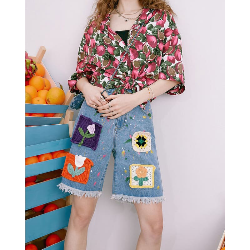 Cartoon Flower Denim Shorts - Shorts