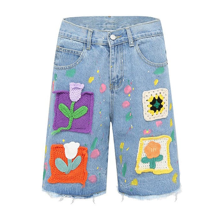 Cartoon Flower Denim Shorts - Shorts