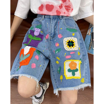 Cartoon Flower Denim Shorts - Shorts