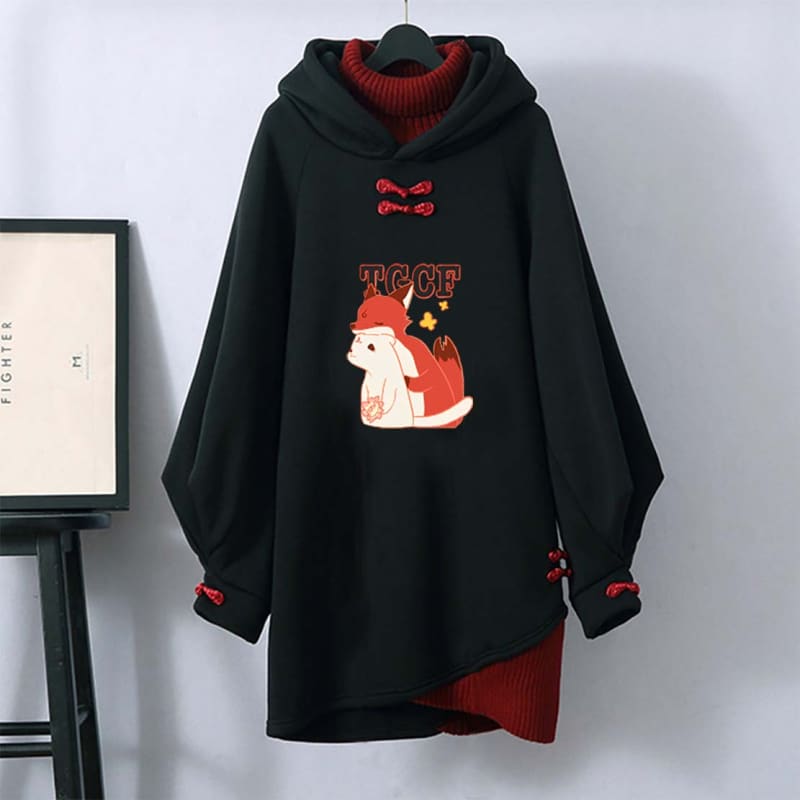 Cartoon Fox Buckle Black Hooded Sweatshirt Dress - Black / M