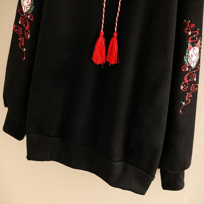 Cartoon Fox Tassel Drawstring Hoodie - Black / One Size