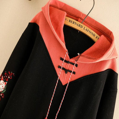 Cartoon Fox Tassel Drawstring Hoodie - Black / One Size