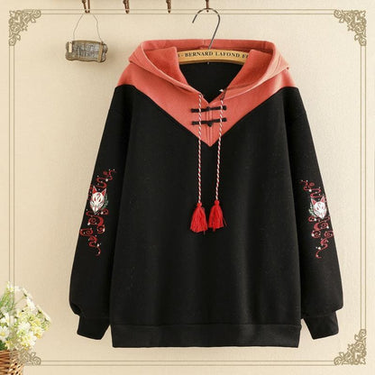 Cartoon Fox Tassel Drawstring Hoodie - Black / One Size