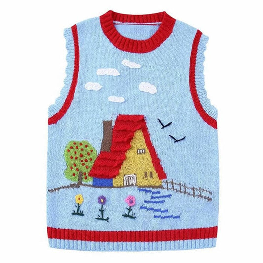 Cartoon House Knit Vest - S / Blue/red - Vest