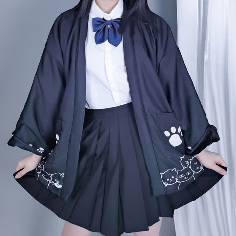 Cartoon Kitty Plush Cardigan Kimono Outerwear - Black