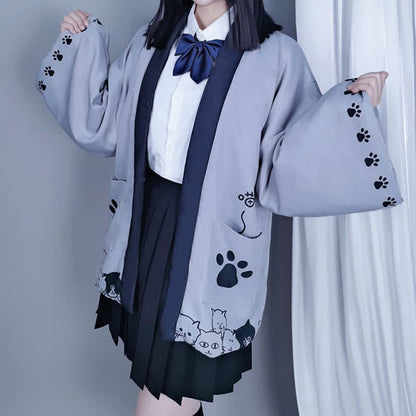 Cartoon Kitty Plush Cardigan Kimono Outerwear - Grey