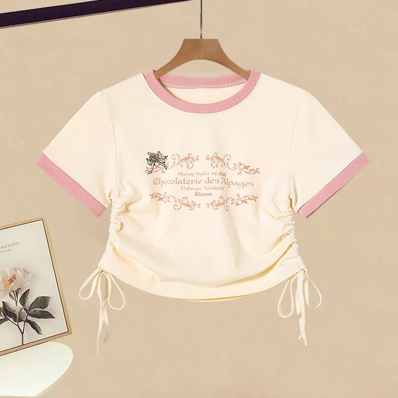 Cartoon Letter Pink Casual Shirt Cargo Pants - T-Shirt / M