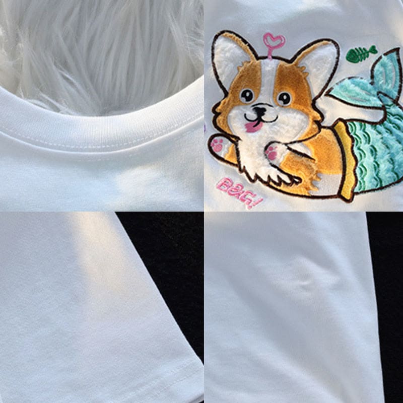 Cartoon Mermaid Puppy Plush Short Sleeve Casual T-shirt