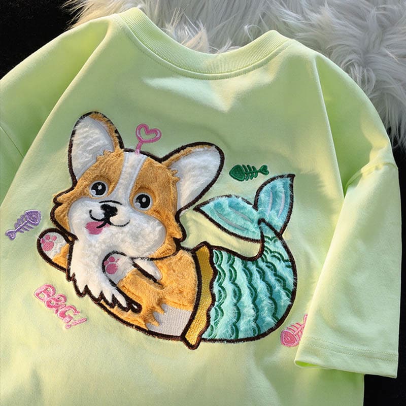 Cartoon Mermaid Puppy Plush Short Sleeve Casual T-shirt