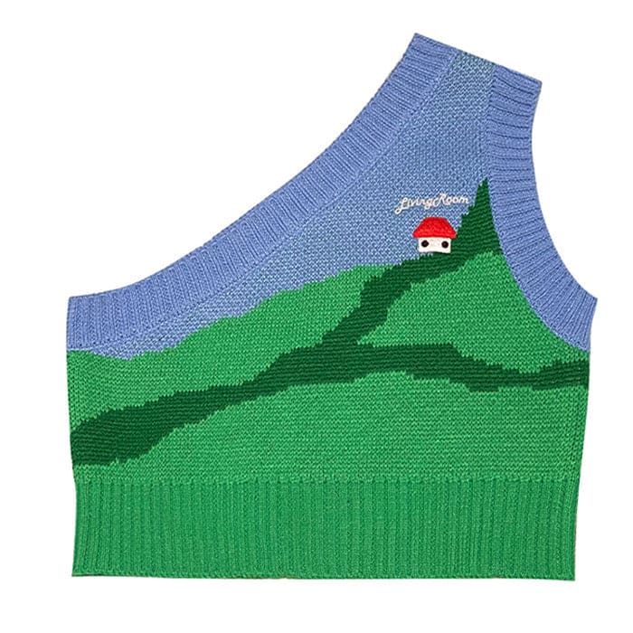 Cartoon One-Shoulder Knit Vest - S / Green/blue - Vest