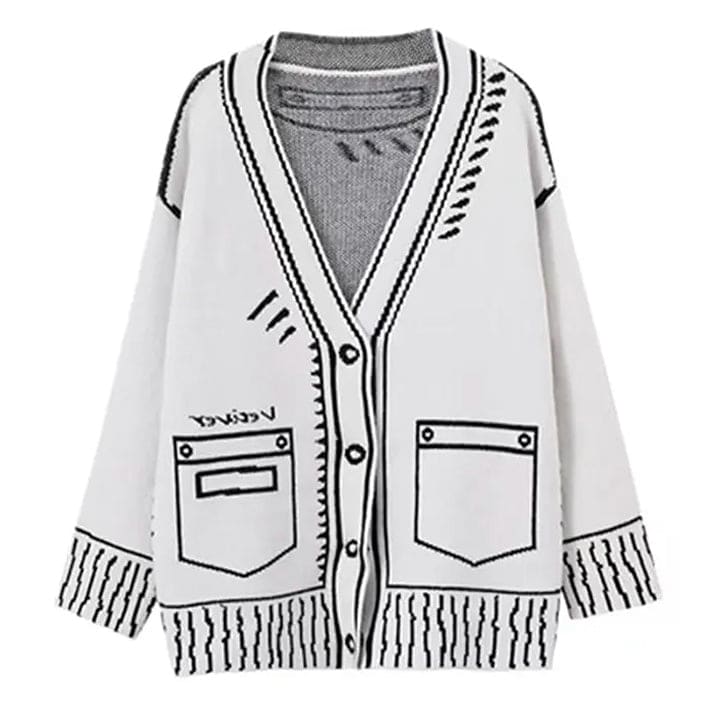 Cartoon Outline Knitted Cardigan - S / White - Cardigan