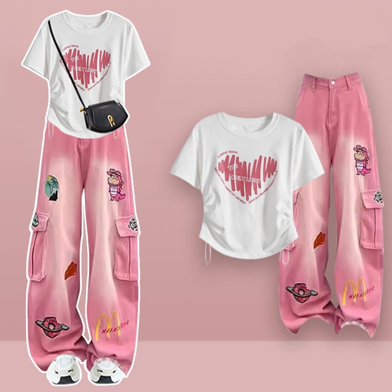 Cartoon Heart Casual T-shirt Cargo Pants