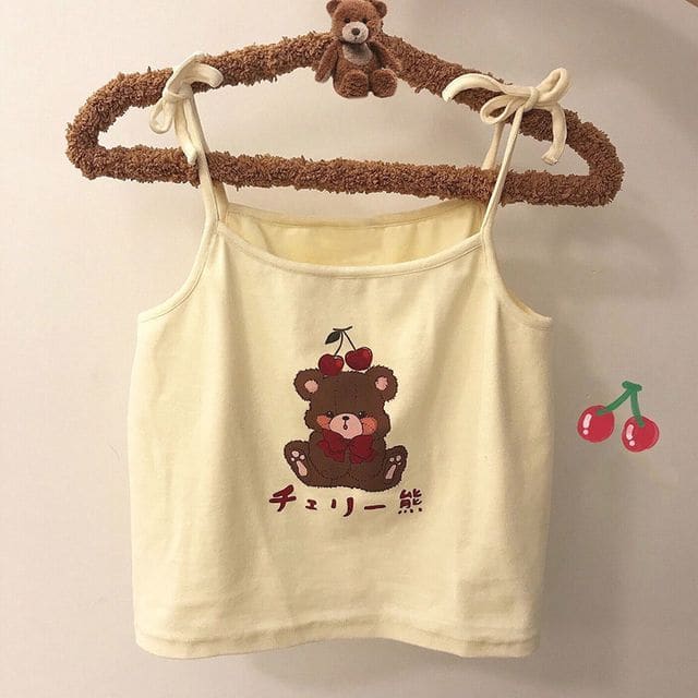 Cartoon Print Camisole Top - Bear - Almond / S