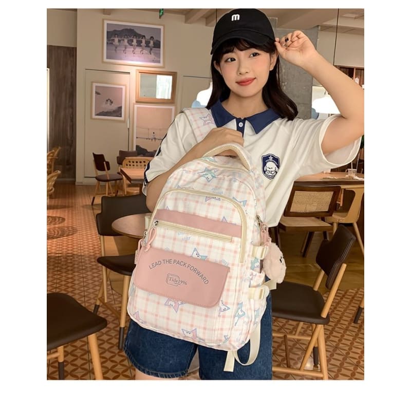 Cartoon Print Multi-Pocket Backpack / Bag Charm / Set