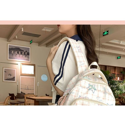 Cartoon Print Multi-Pocket Backpack / Bag Charm / Set