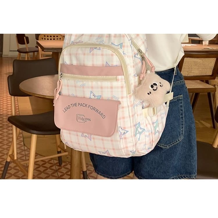 Cartoon Print Multi-Pocket Backpack / Bag Charm / Set