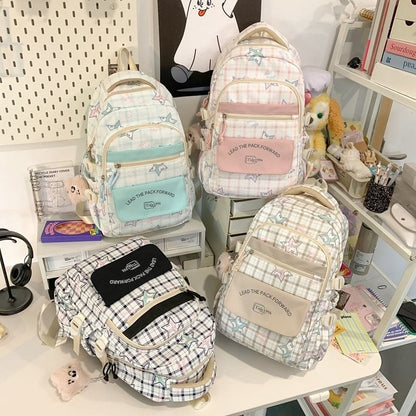 Cartoon Print Multi-Pocket Backpack / Bag Charm / Set