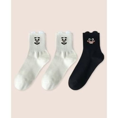 Cartoon Print Socks Set - Set of 3 Pairs - 2 Pairs Milky