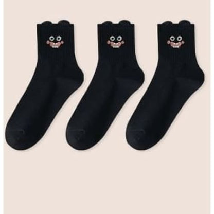 Cartoon Print Socks Set - Set of 3 Pairs - Black / One Size