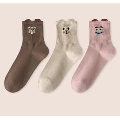 Cartoon Print Socks Set - Set of 3 Pairs - Khaki & Coffee &