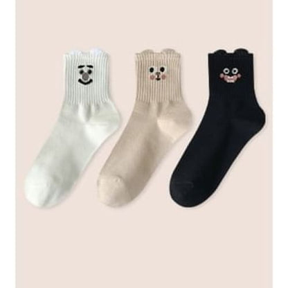 Cartoon Print Socks Set - Set of 3 Pairs - Milky White &