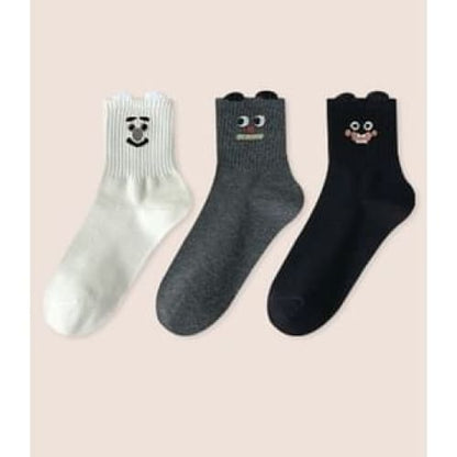 Cartoon Print Socks Set - Set of 3 Pairs - Milky White &