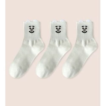 Cartoon Print Socks Set - Set of 3 Pairs - Milky White