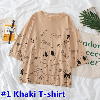 Cartoon Printed O Neck T shirt Long Pants Summer Two Piece