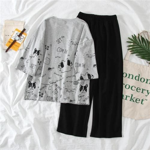 Cartoon Printed O Neck T shirt Long Pants Summer Two Piece