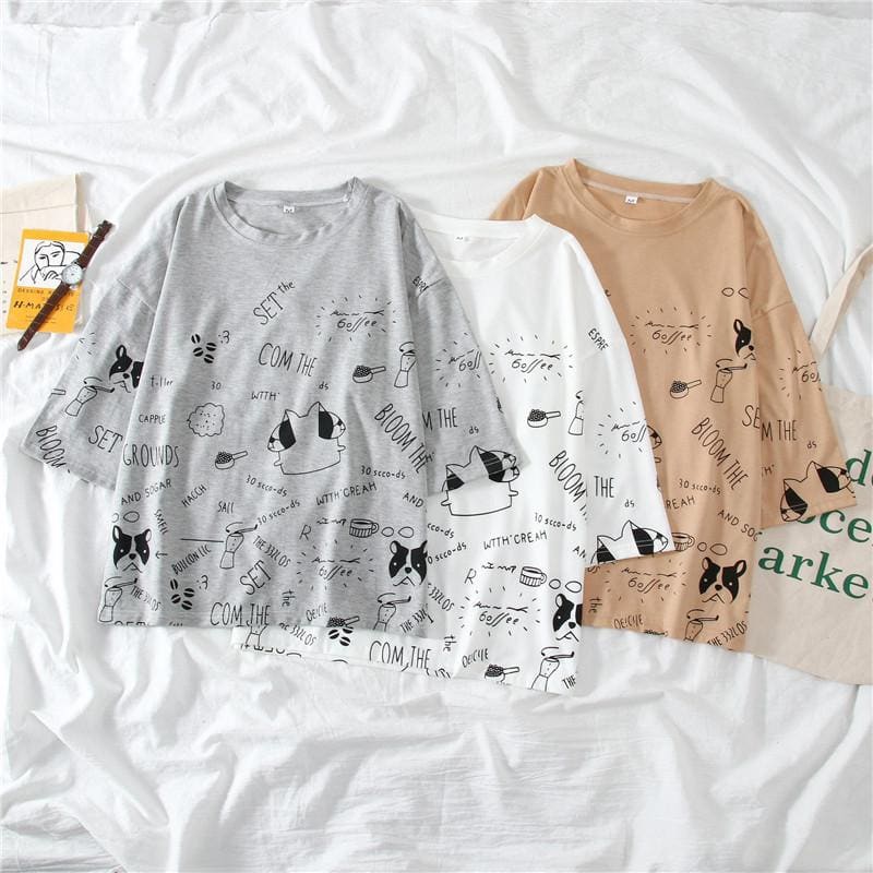 Cartoon Printed O Neck T shirt Long Pants Summer Two Piece