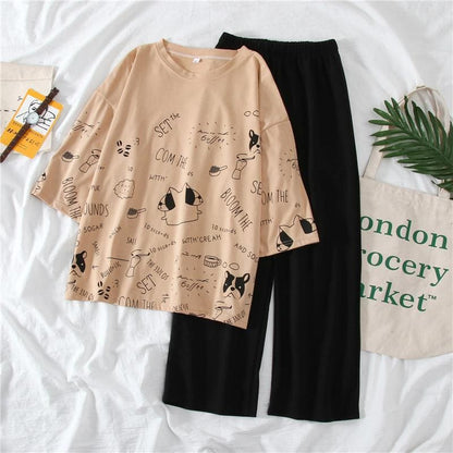 Cartoon Printed O Neck T shirt Long Pants Summer Two Piece