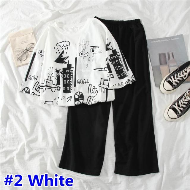 Cartoon Printed O Neck T shirt Long Pants Summer Two Piece