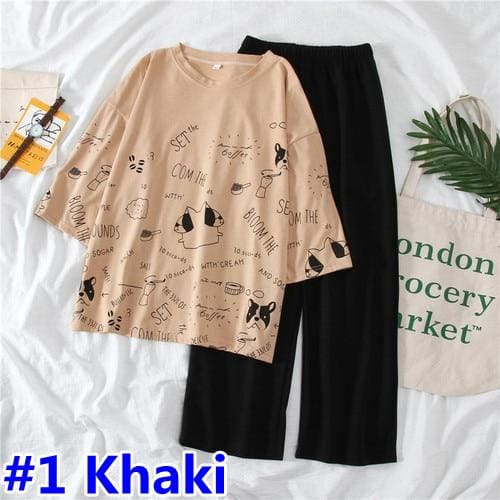 Cartoon Printed O Neck T shirt Long Pants Summer Two Piece