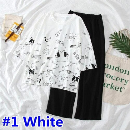 Cartoon Printed O Neck T shirt Long Pants Summer Two Piece