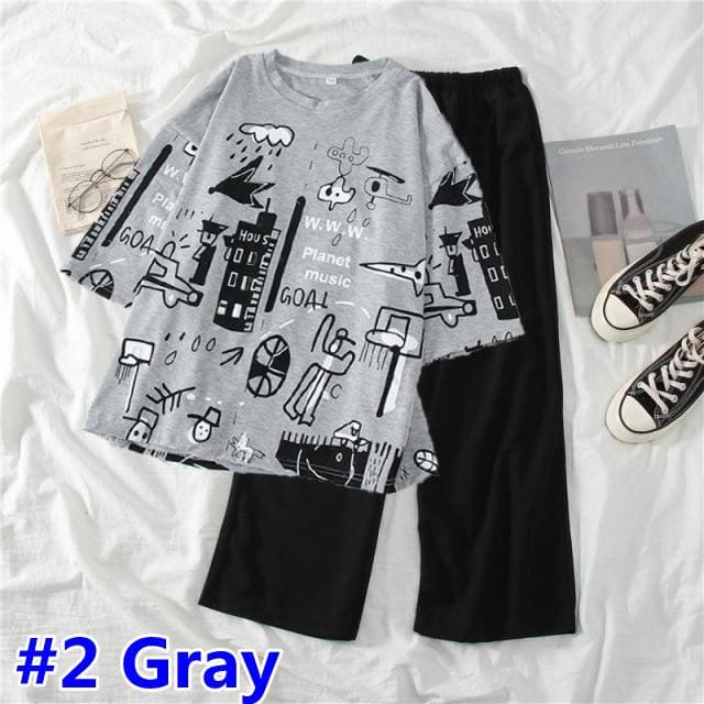 Cartoon Printed O Neck T shirt Long Pants Summer Two Piece