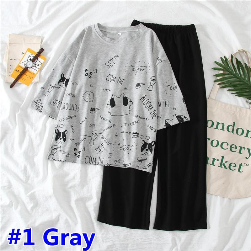 Cartoon Printed O Neck T shirt Long Pants Summer Two Piece